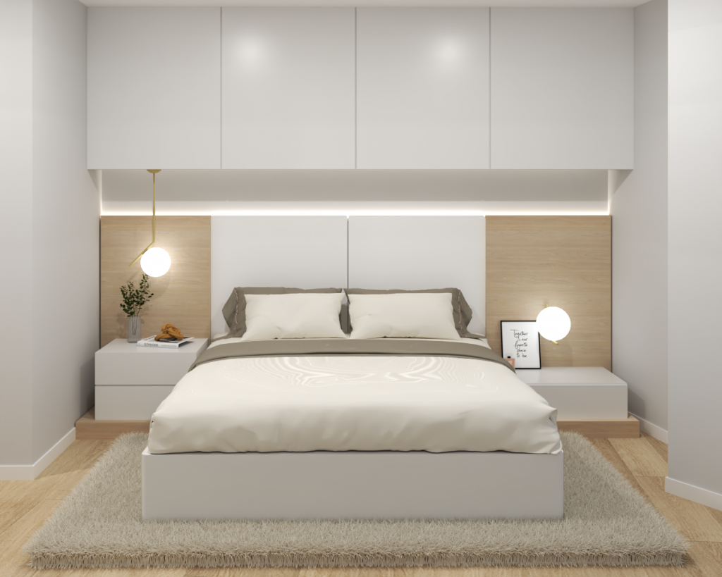 diseño de interior de dormitorio tonos blancos y madera