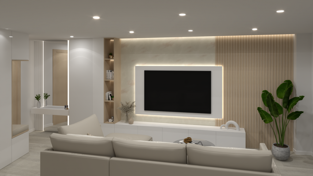 Interiorismo tonos blancos y madera