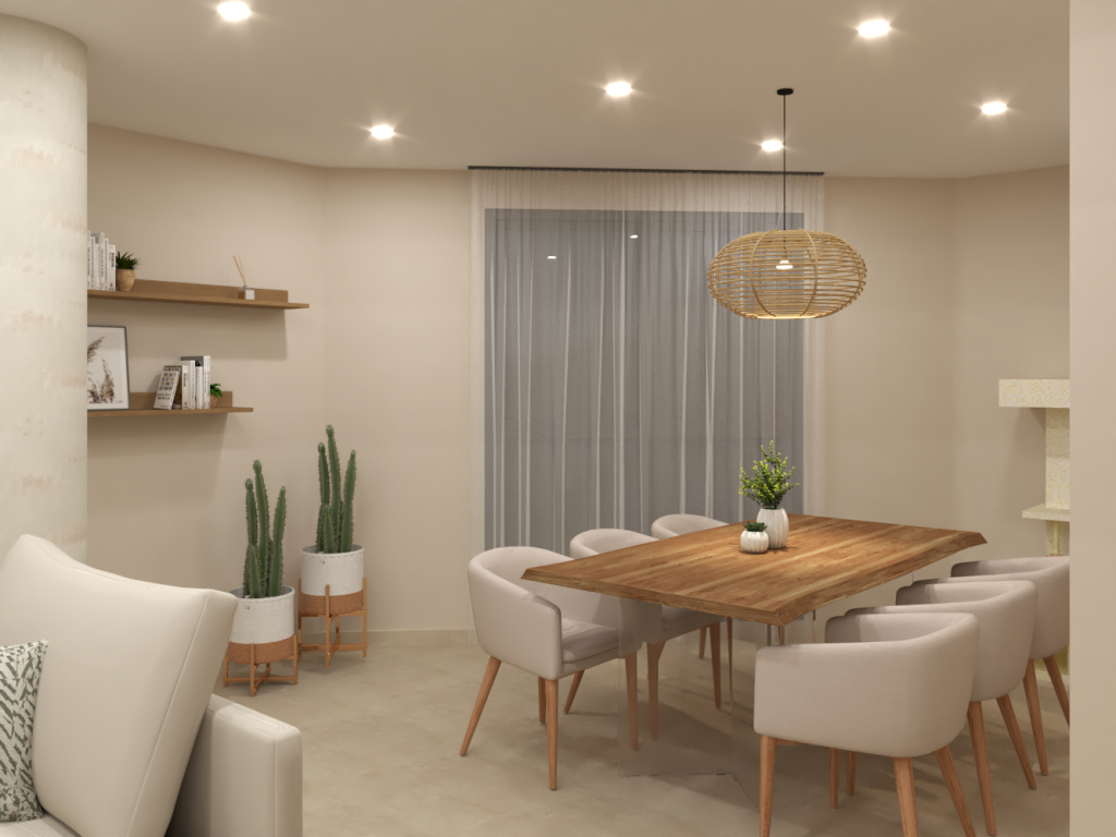 Diseño interior de salón comedor materiales naturales