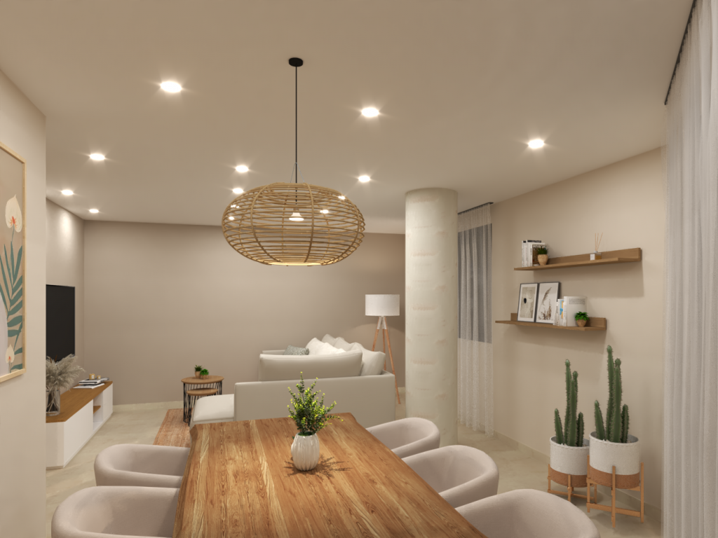 Diseño interior de salón comedor materiales naturales