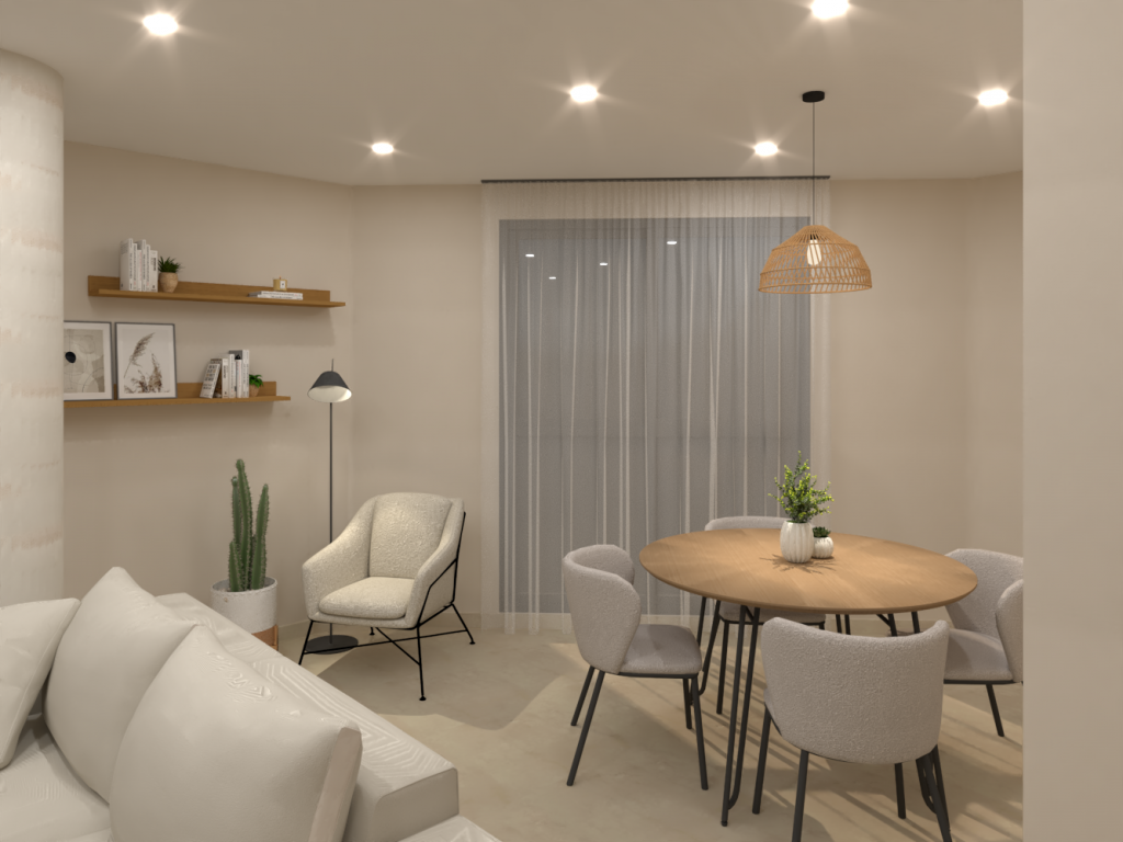 Diseño interior de salón comedor materiales naturales