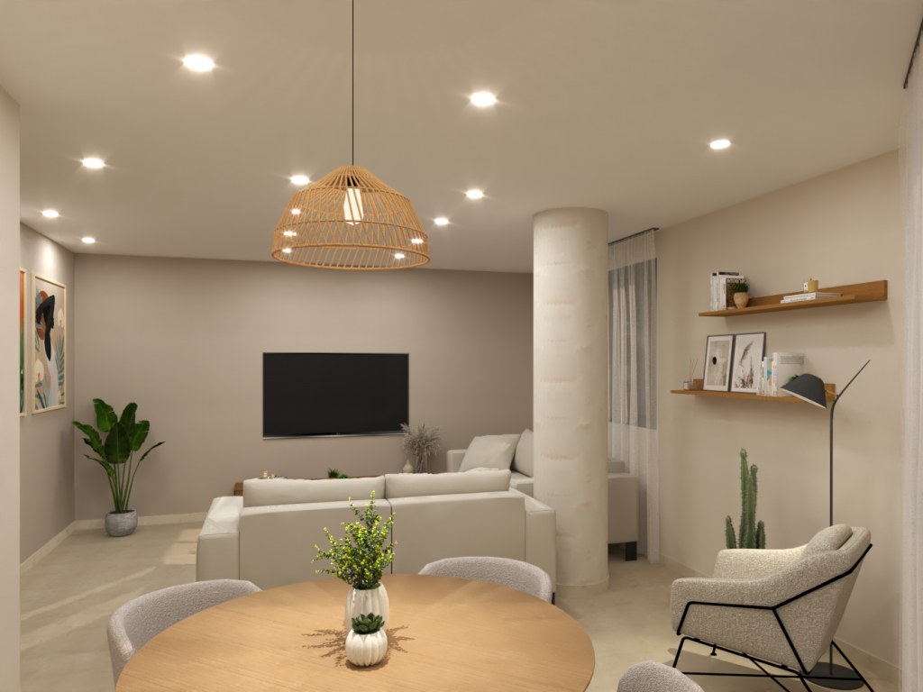 Diseño interior de salón comedor materiales naturales