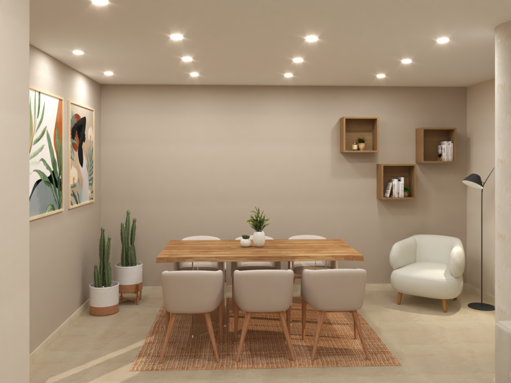 Diseño interior de salón comedor materiales naturales