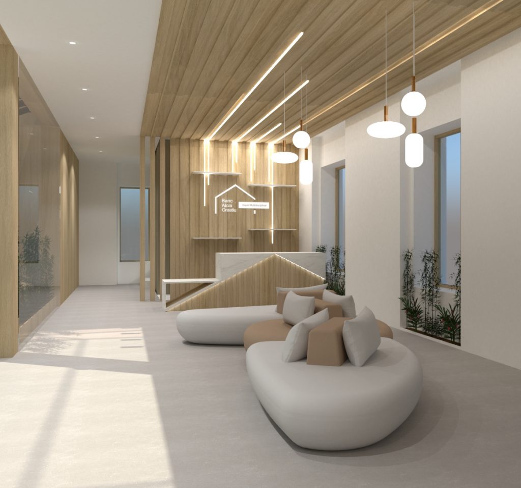 Diseño interior recepción elegante edificio cultural