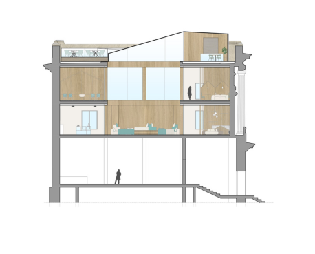 Diseño de interiores plano sección espacio cultural